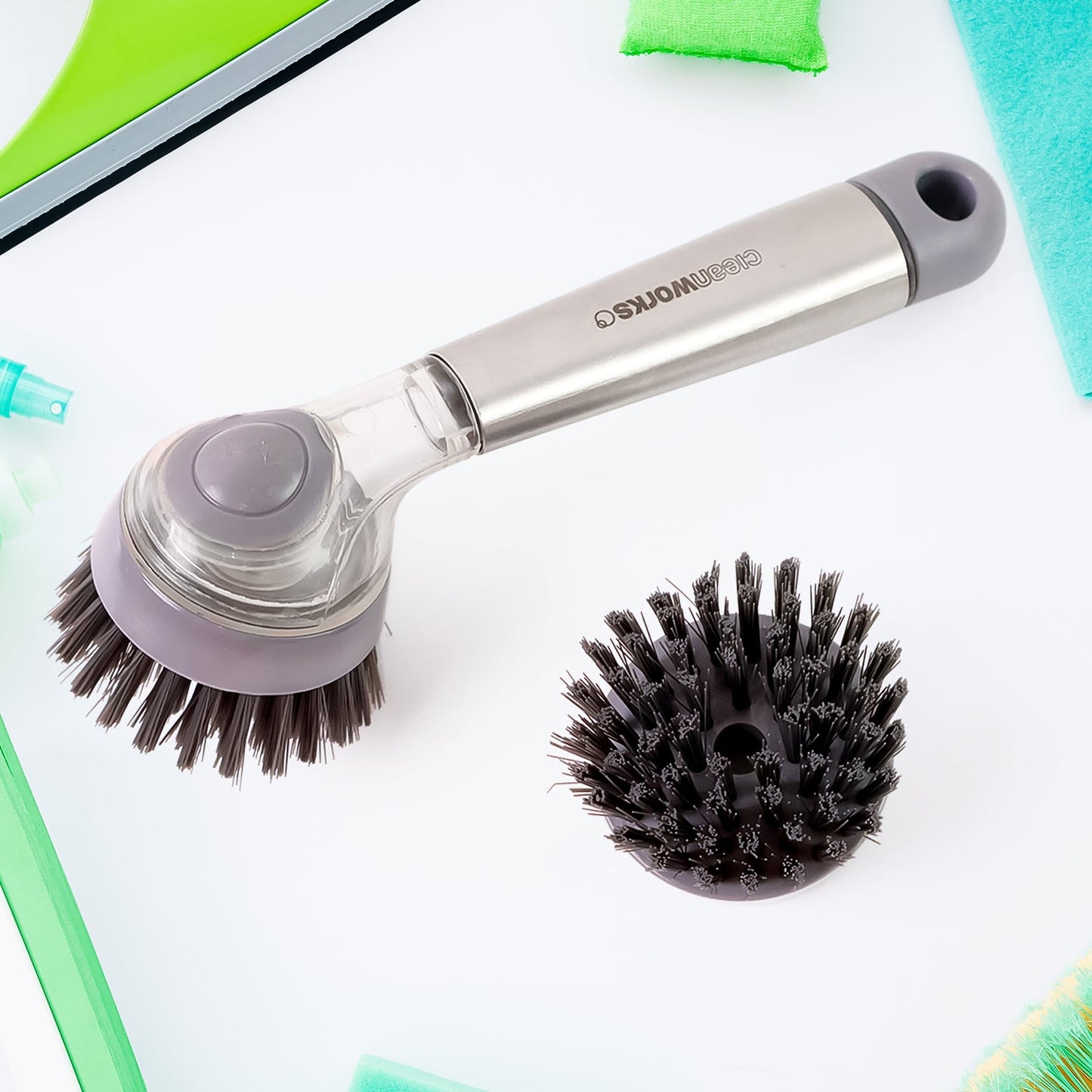 Cleaning Brushes Set, Scrub Brush Bathroom Brush, Long Handle Liquid Dispenser Pot Washing Brush