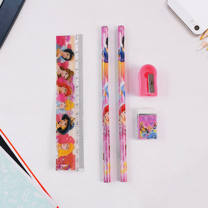 Close-up of the Cartoon Wooden Pencil Set showing a pencil, ruler, sharpener, and eraser.