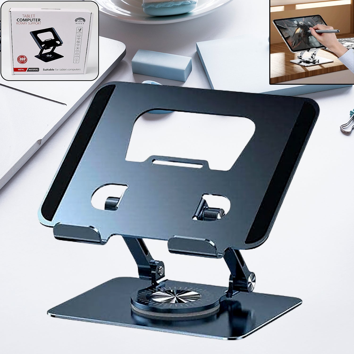 Front view of the portable adjustable laptop stand on a desk.