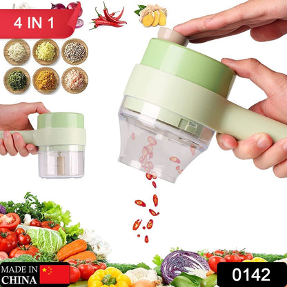 Multifunction electric food chopper with various attachments on a kitchen counter.