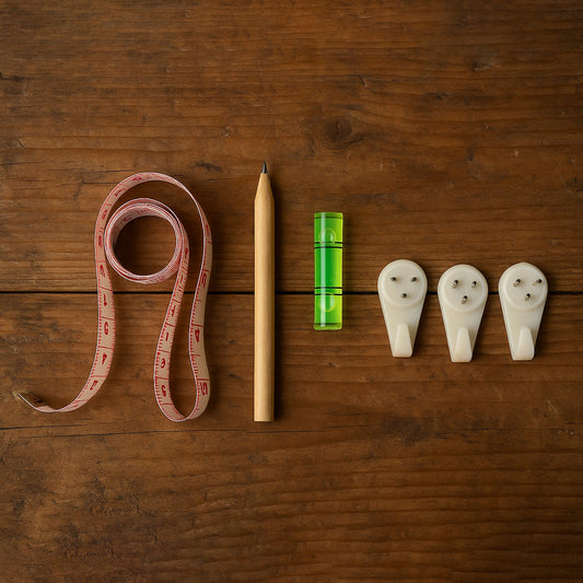 Complete 6-in-1 wall hanging measurement tool kit laid out on table