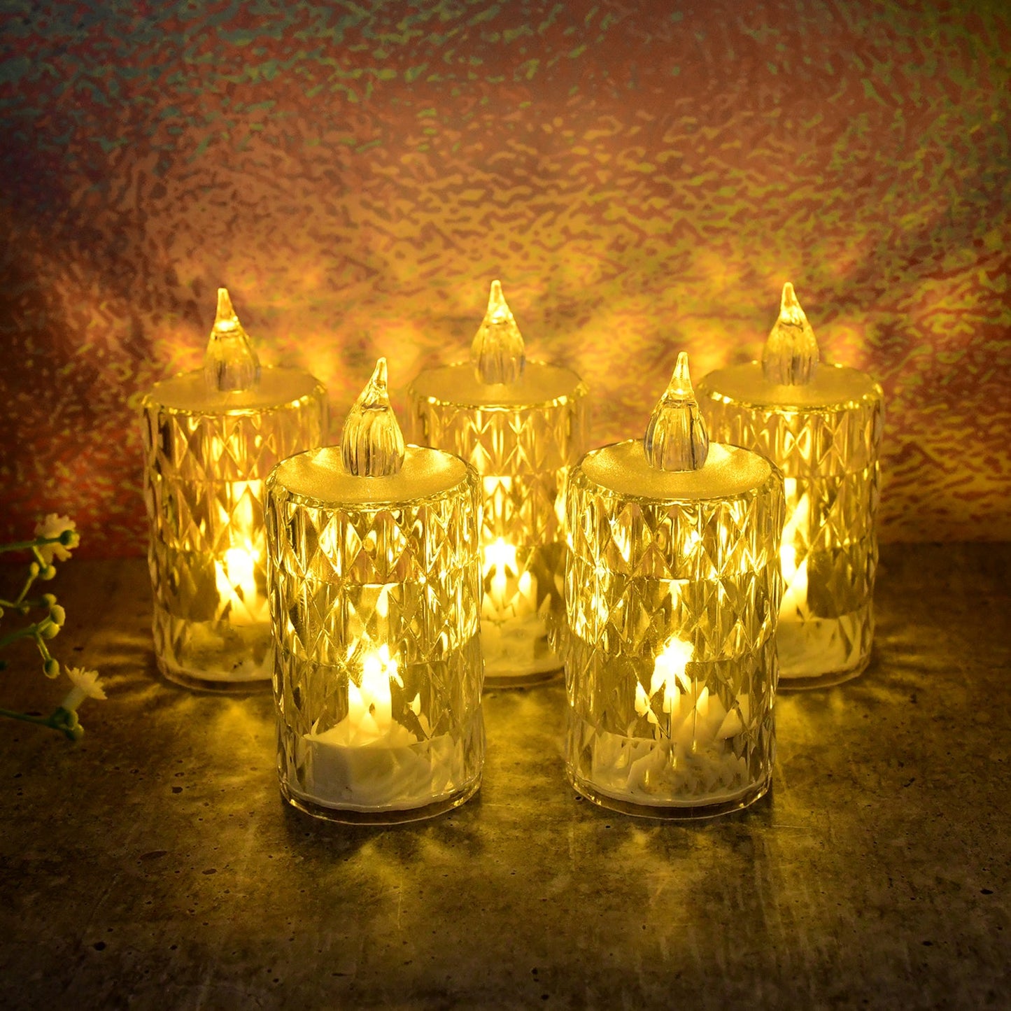 Set of 5 LED crystal effect flameless candles glowing warmly