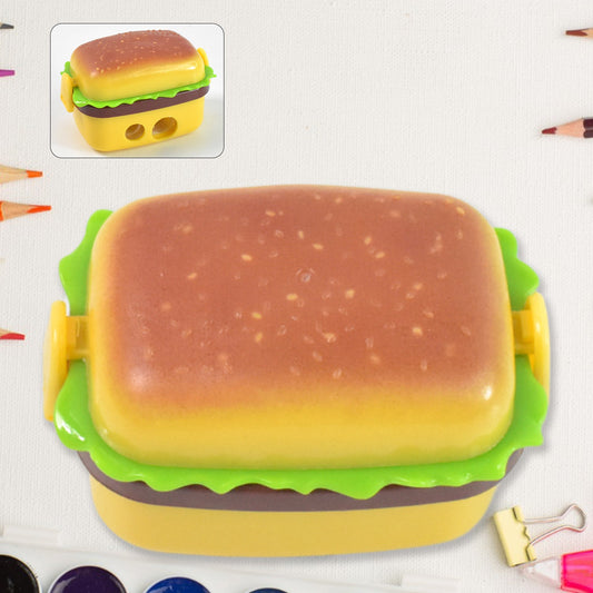 Burger shape double hole sharpener with eraser top view showing colorful design