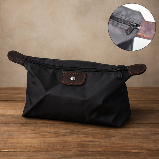 Durable travel toiletry bag with zipper and button closure
