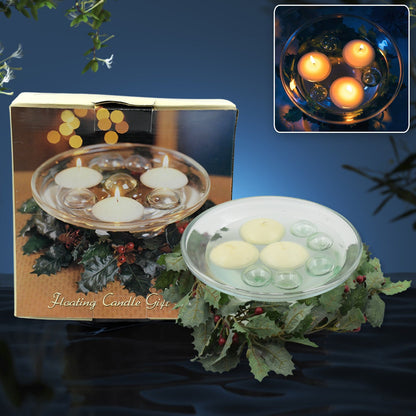 Glass floating candle holder creating romantic ambiance on water.