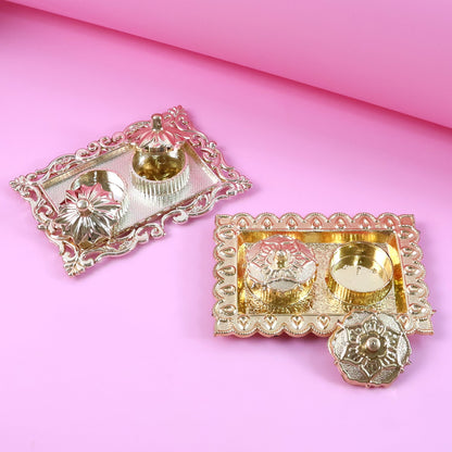 Decorative rectangular pooja thali plate featuring flower-lid kumkum container