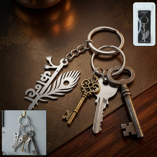 Metal Kanha Krishna keychain with peacock feather detail