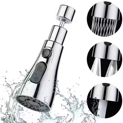 Kitchen faucet sprayer showing three spray functions in a modern sink.