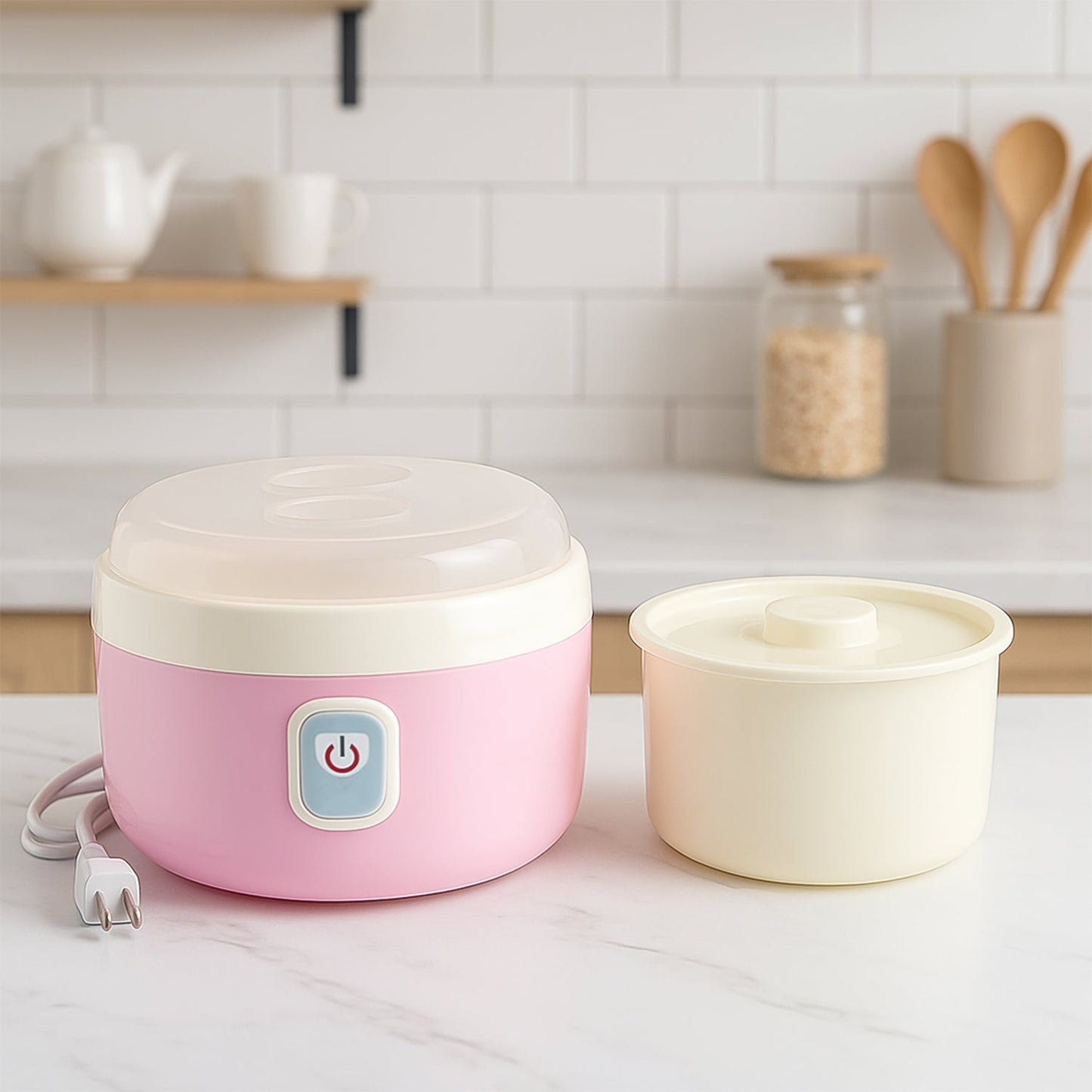Close-up of the inner components of the Electric Yogurt Maker, showing the plastic container.