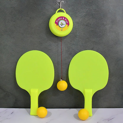 Hanging table tennis training set mounted on a wall, demonstrating easy setup.