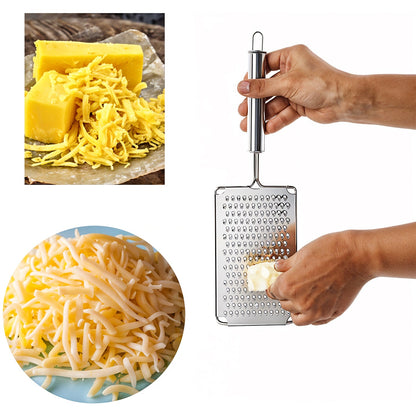 Side view of stainless steel vegetable grater featuring ergonomic handle