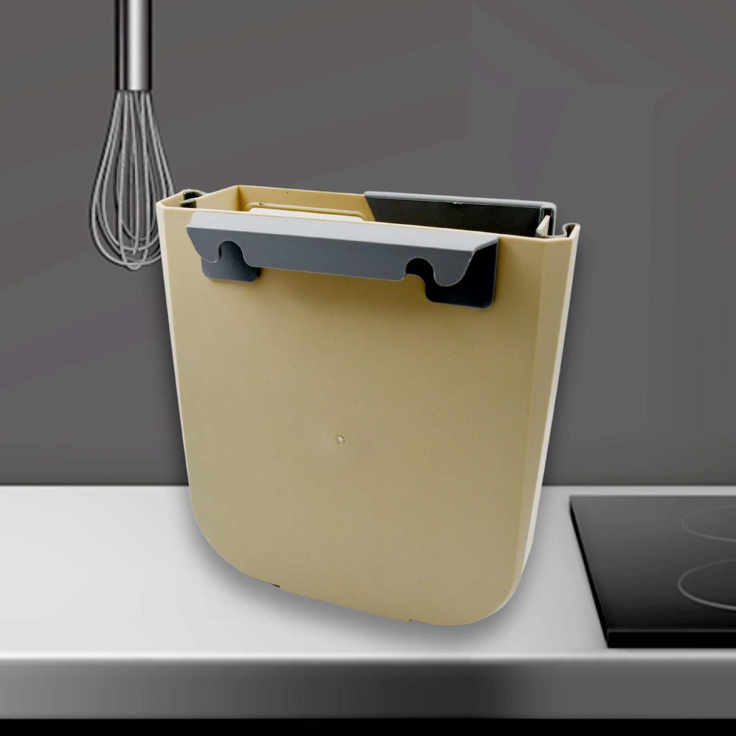 The compact, folded state of the collapsible garbage can, highlighting its portability.