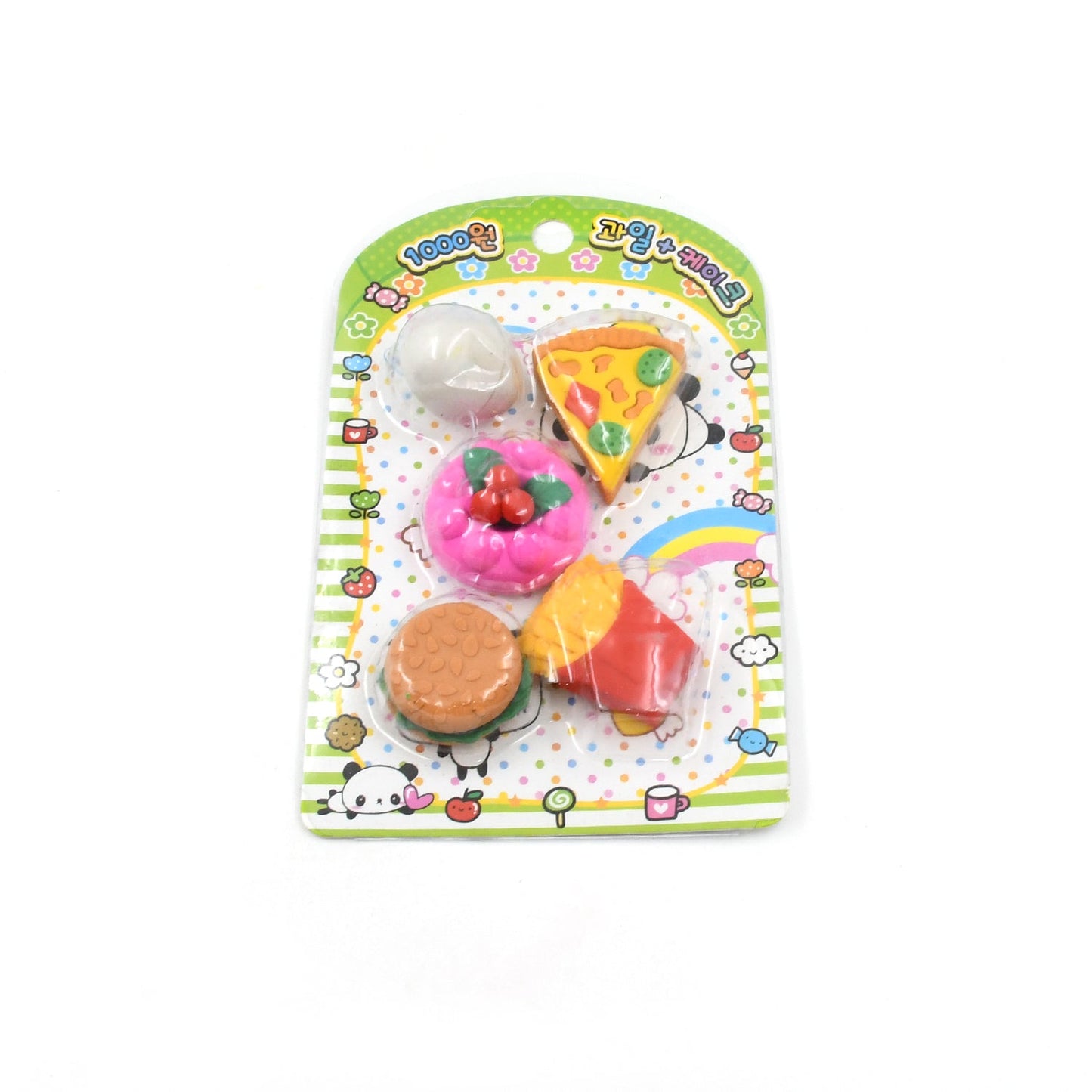 Several cute erasers in different food shapes scattered playfully across a surface.