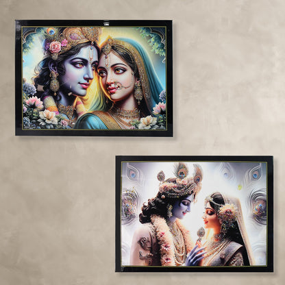 Traditional Lord Krishna Radha wooden framed wall painting for home decor