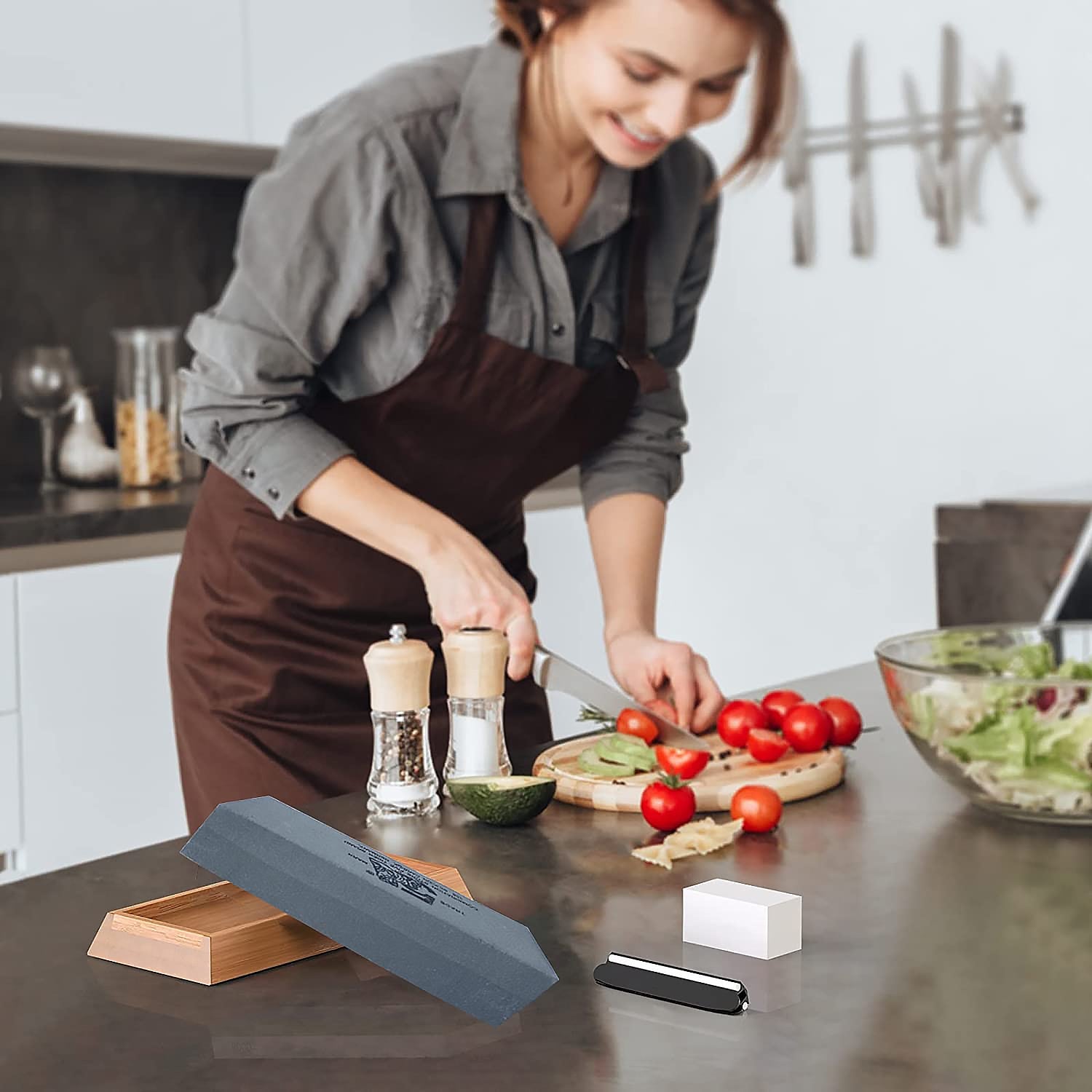 The anti-slip silicone base provides stability for the knife sharpening stone.