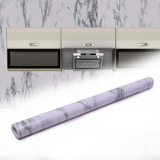 Roll of marble kitchen wallpaper with realistic white and grey pattern