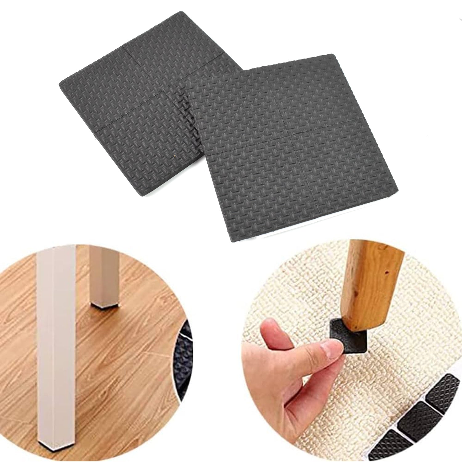 Table leg fitted with a grey felt furniture protection pad, preventing floor scratches.