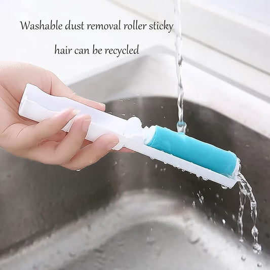 A hand demonstrates the reusable lint roller effectively cleaning fabric.