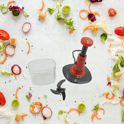 The 650ml manual food chopper disassembled, showing the stainless steel blades and container.