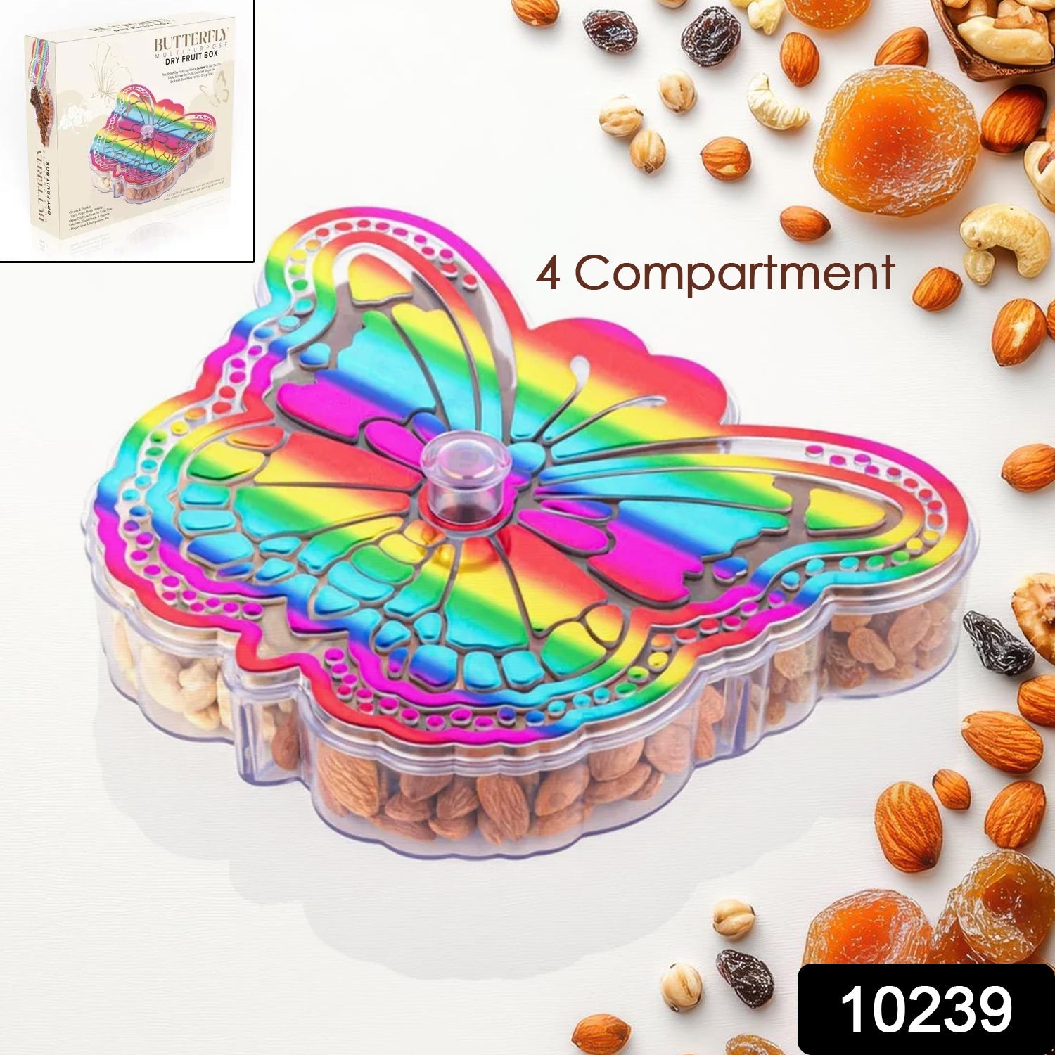 Open butterfly dry fruit box revealing four separate sections for assorted nuts and candies.