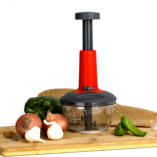 Quickslice Hand Press Chopper in matte finish, showcasing its compact design and three sharp blades.