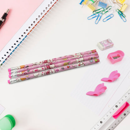 Vibrant erasers and a sharpener included in the kids' stationery kit.