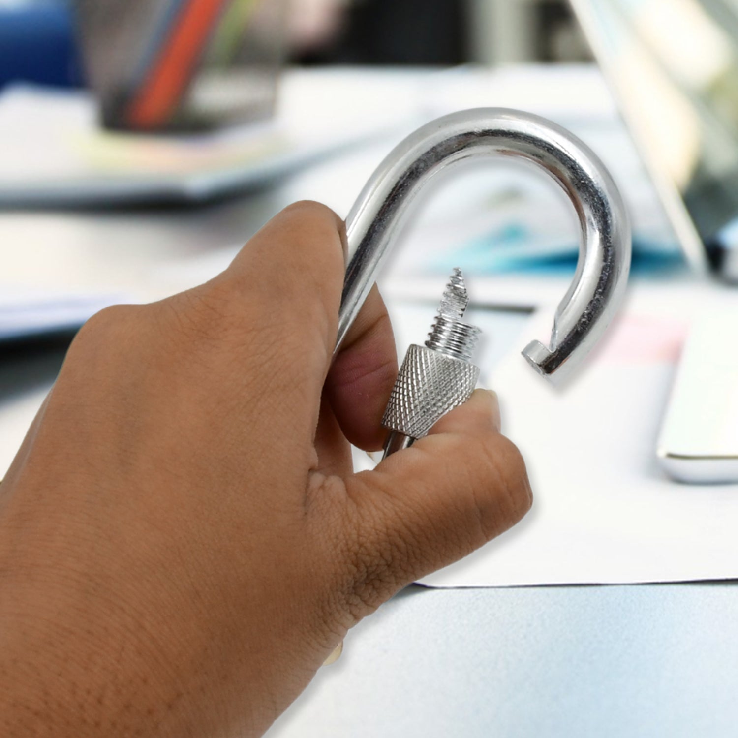 Multiple uses shown for the versatile snap hook with screw.