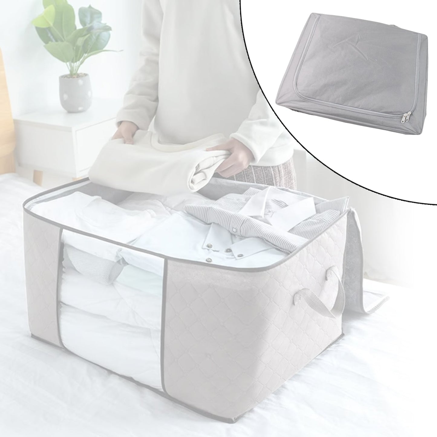 Storage box with window neatly organizing sarees and quilts inside wardrobe