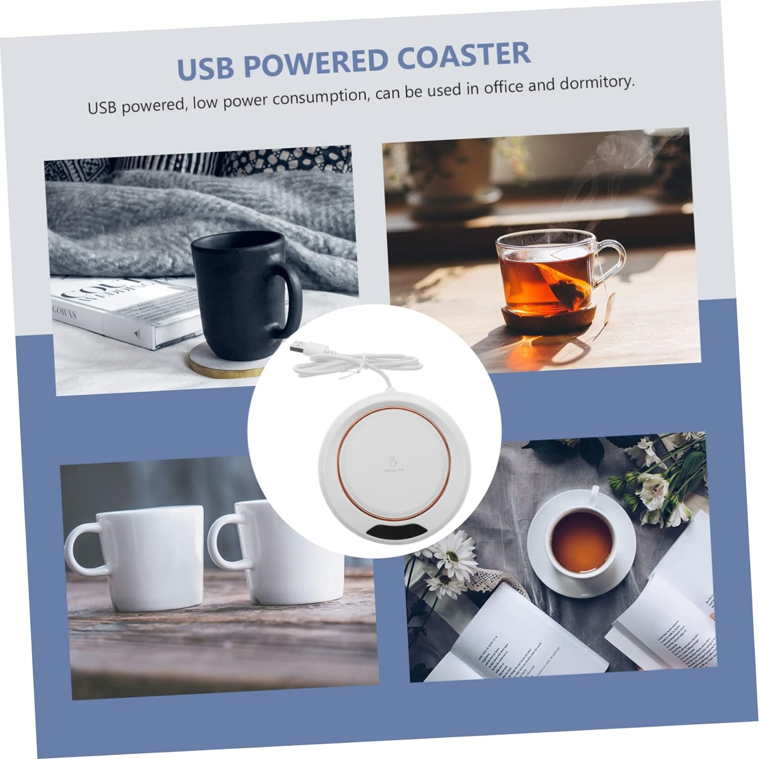 Compact USB mug warmer powered by a laptop, ideal for office use.