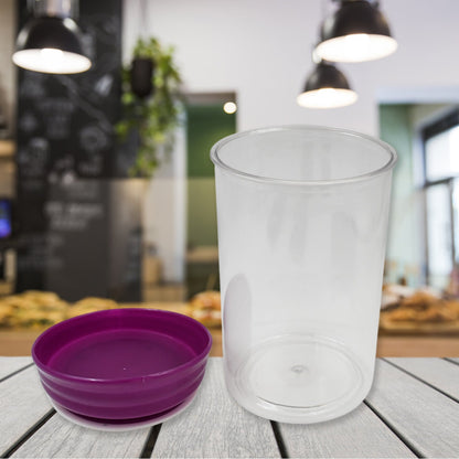 Three plastic food containers of varying sizes, stacked neatly for efficient pantry organization.