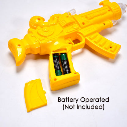 Close-up of the clear gear toy gun, highlighting its musical features and bright lights.