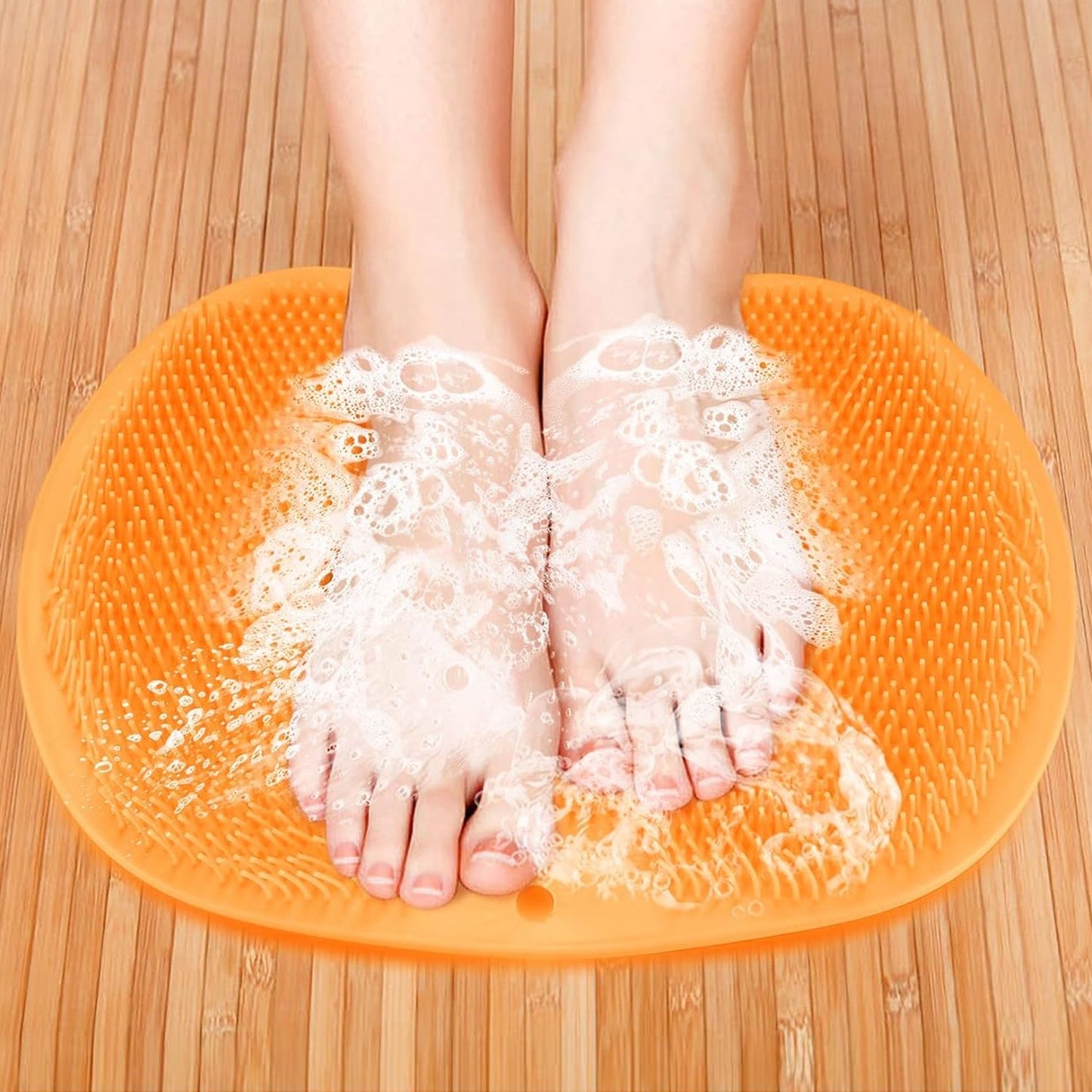 Yellow silicone bath massage cushion with suction cups for foot exfoliating scrubber mat