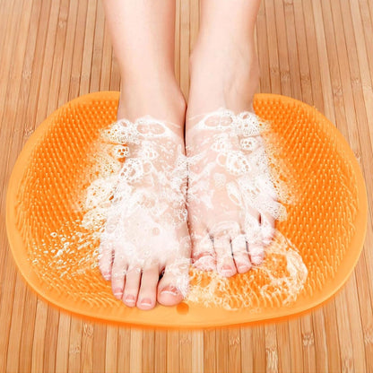 Yellow silicone bath massage cushion with suction cups for foot exfoliating scrubber mat