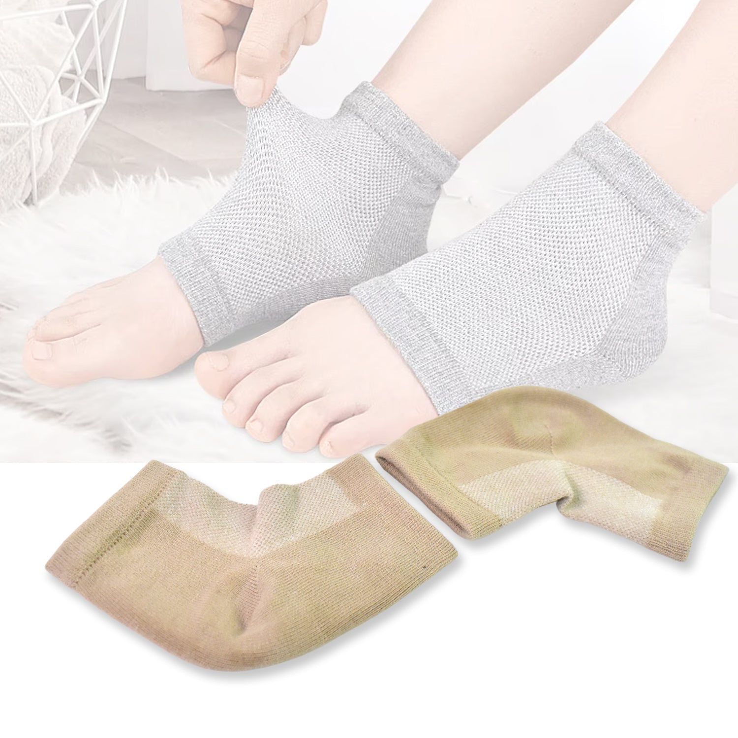 Pair of white heel socks for dry heel treatment.