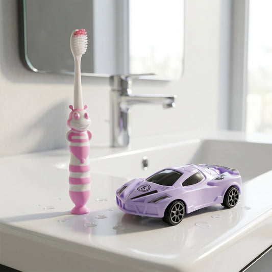 Kids toothbrush with cartoon car design and soft bristles for gentle cleaning