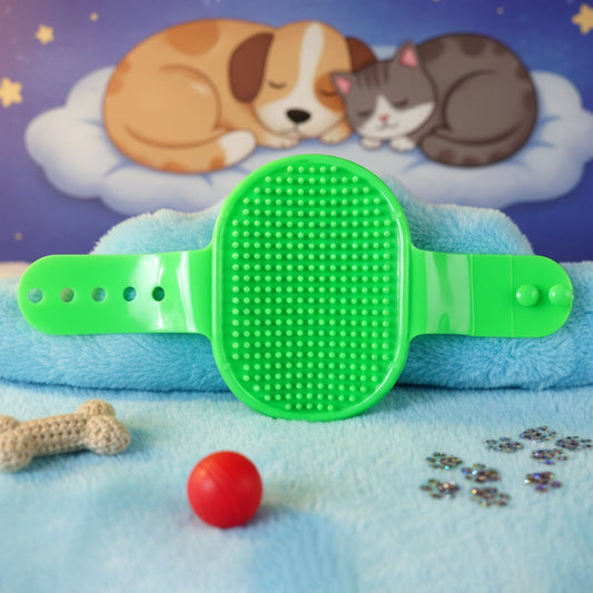 Pet grooming bath brush with soft bristles and adjustable hand strap for dogs and cats
