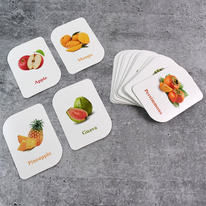 Set of 32 durable fruit flashcards with vibrant images and English names