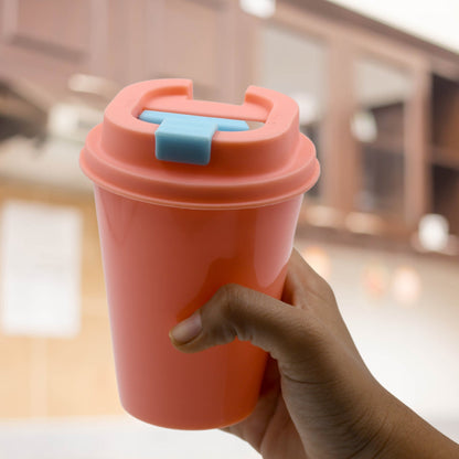 Trekola portable coffee cup with motivational message, ideal for travel and office use.