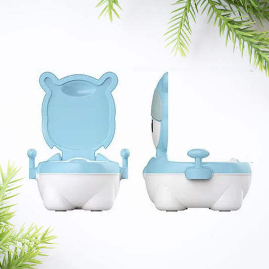 Baby potty training seat in white with blue accents, featuring a removable bowl.