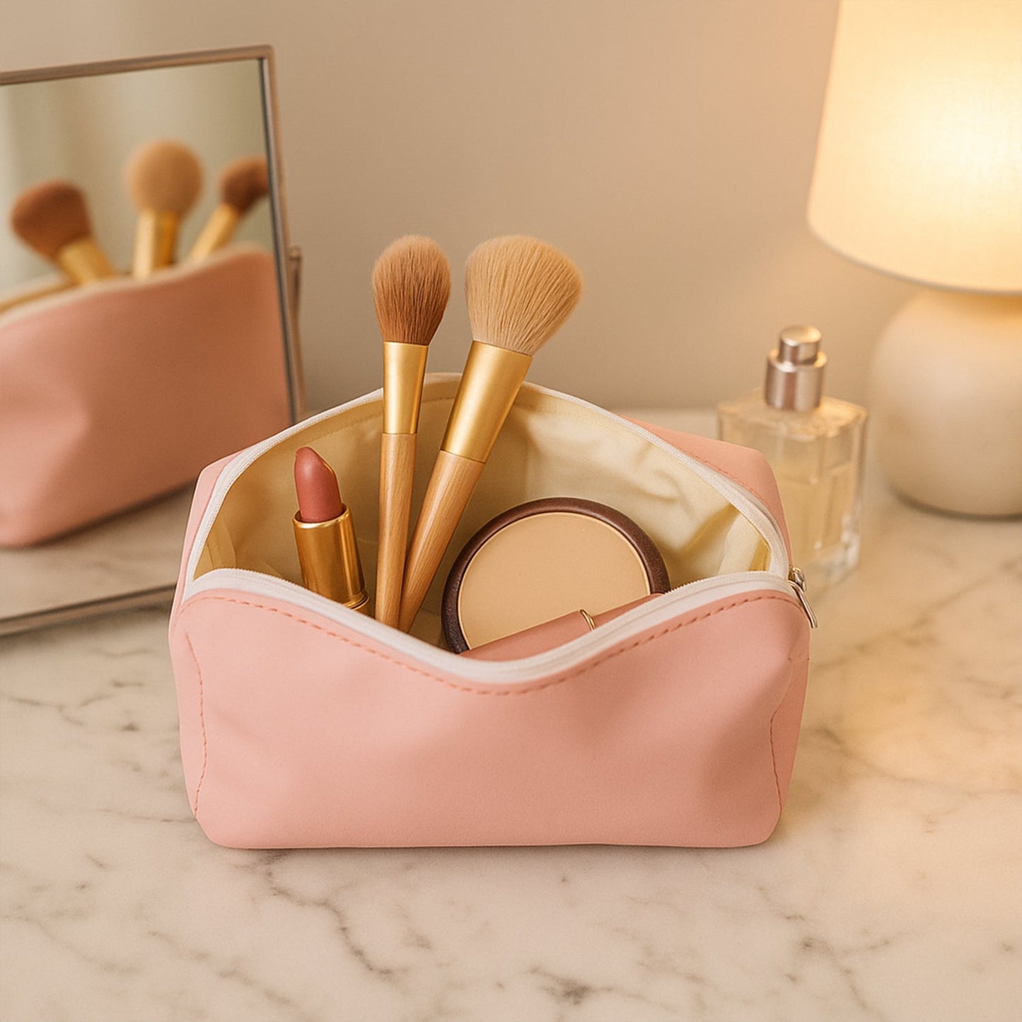 Side view of the stand-up PU leather pencil pouch, ideal for desk organization.