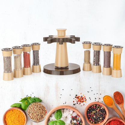 A cook using the 360° rotating kitchen spice rack to season a dish.