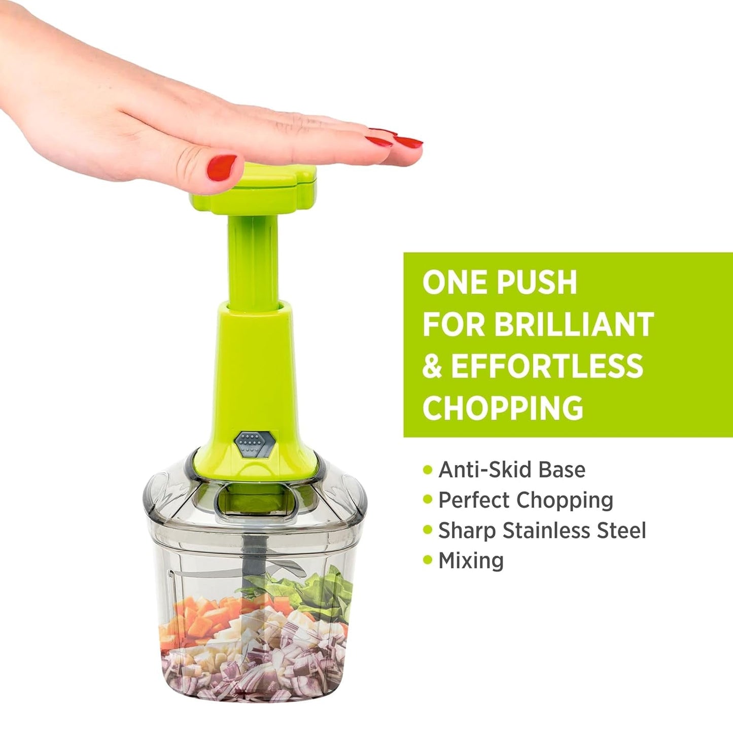 Manual vegetable chopper with a clear bowl, filled with freshly and finely chopped vegetables.