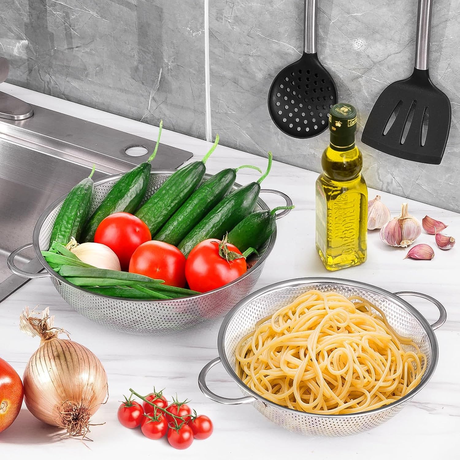 Top-down view of a large capacity stainless steel washing bowl.