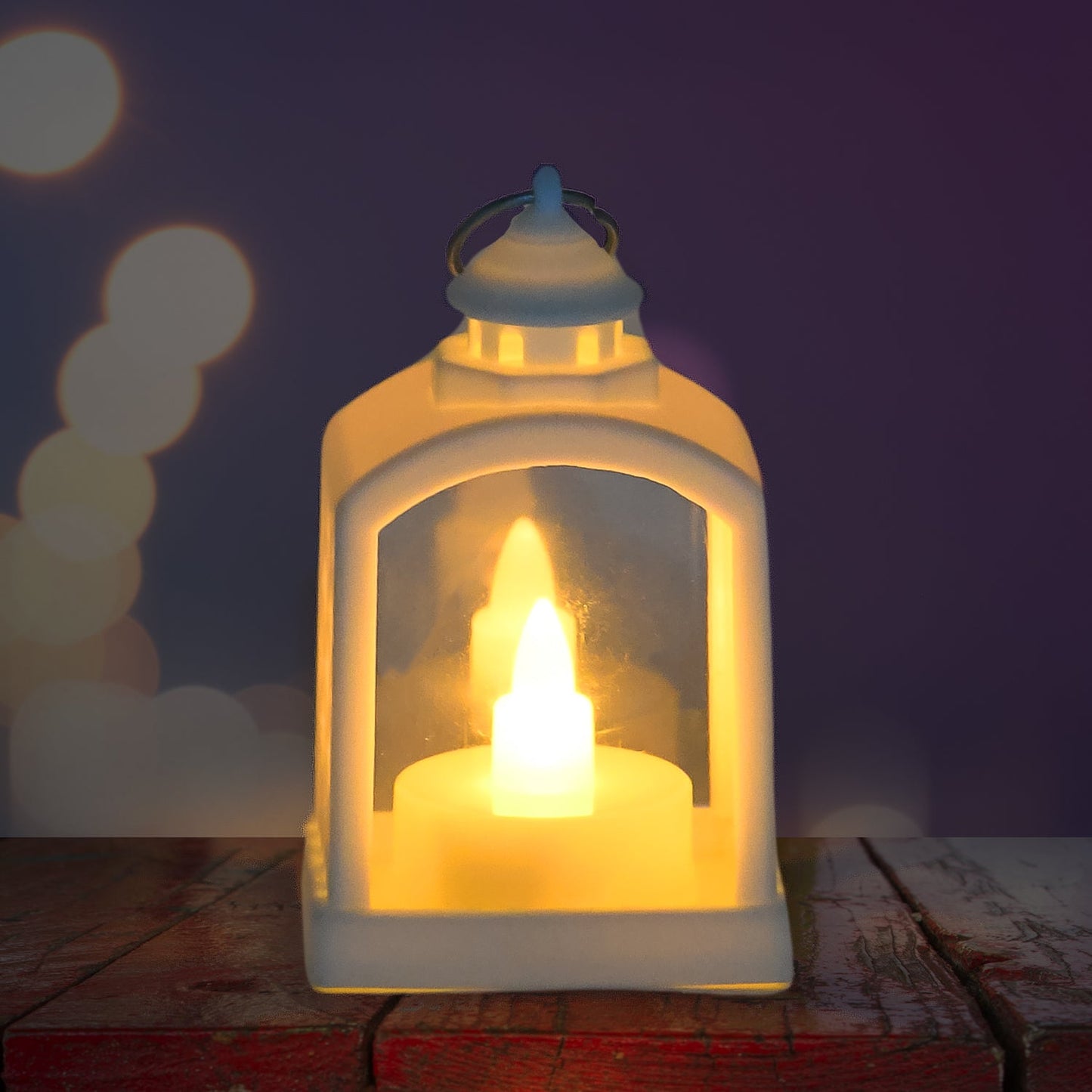 Smokeless LED lantern glowing softly on a traditional Indian setting.