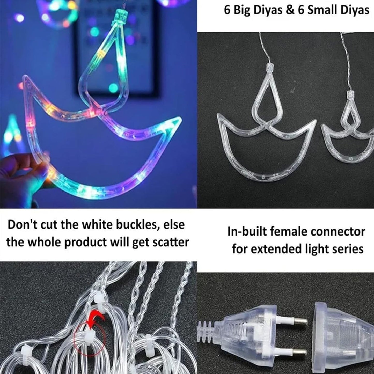 Multicolor string lights with a traditional diya design.