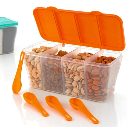 Kitchen Airtight 4-Section Storage Container / Pickle Jar with 4 Spoons (1 Pc / Mix Color)