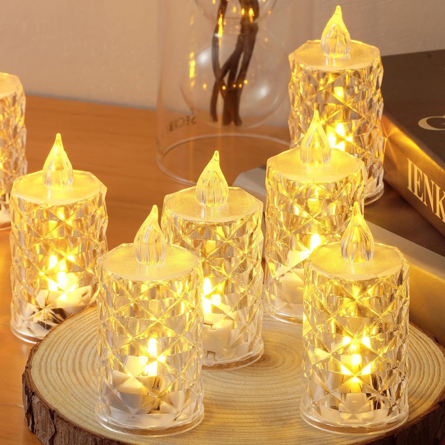 Close-up of battery-operated LED flameless candle with glowing light