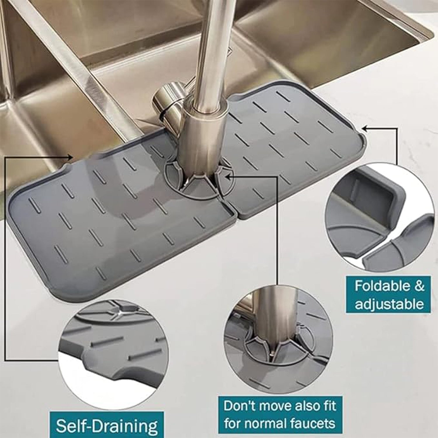 A hand demonstrating the flexibility and soft texture of the silicone material used for the faucet mat.