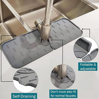 A hand demonstrating the flexibility and soft texture of the silicone material used for the faucet mat.