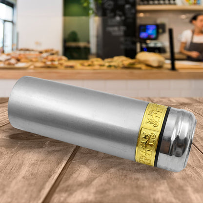 The durable stainless steel water bottle reflecting light, emphasizing its premium, rust-proof finish.